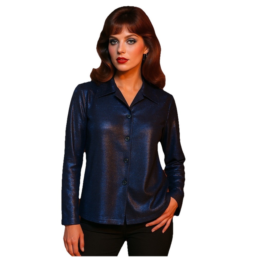 Pia Clothing USA‎ Metallic Navy Sheer Blouse Shiny Retro Party Vintage Top XL
